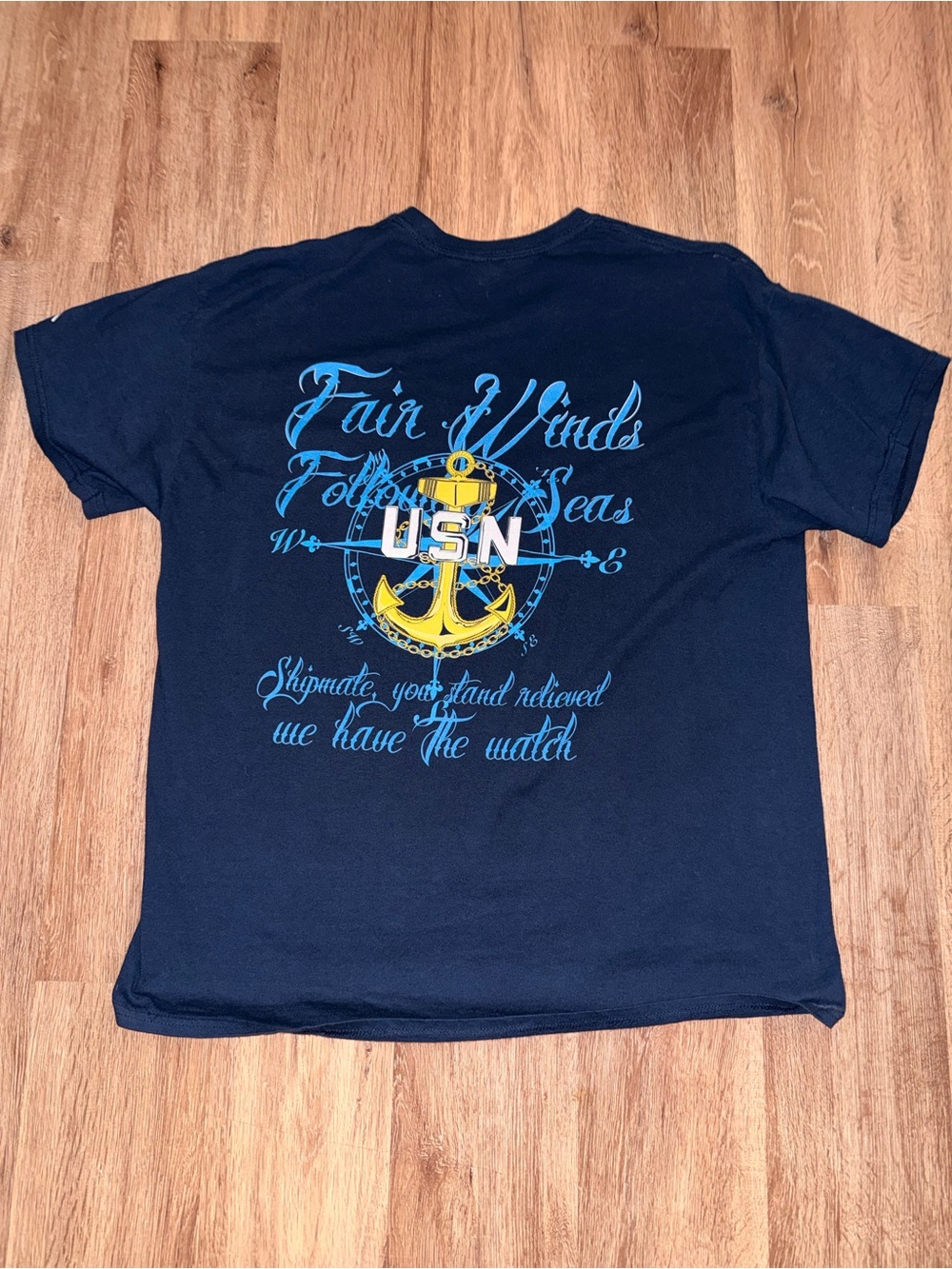 Gildan Navy Short-Sleeve Tee with Yellow Anchor & Light Blue USN Script